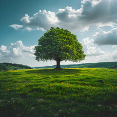Fototapeta premium Lonely Tree in a Meadow with Blue Sky and White Clouds - Illustration
