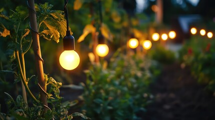 A community garden with solar-powered lights, representing the combination of urban living and renewable energy