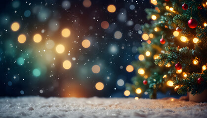 Naklejka premium Background with closeup Christmas tree leaves and blur bokeh lights. Generative AI