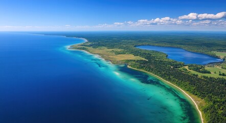 Obraz premium Aerial View of Elk Rapids, Elk Lake, and Lake Michigan: A Tranquil Blue Landscape