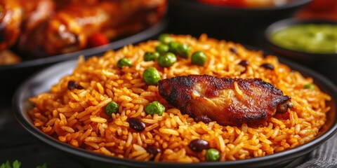 African Delicacy: Nigeria Fried Rice with Jollof Rice, Moi Moi, and Chicken Closeup