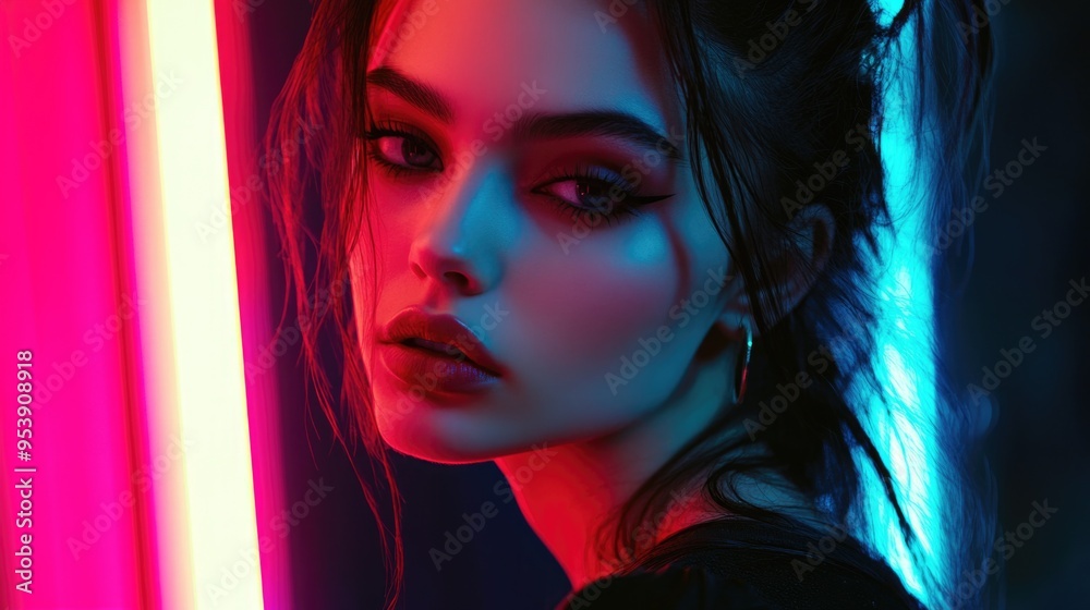 Canvas Prints Woman with Long Hair and Neon Light