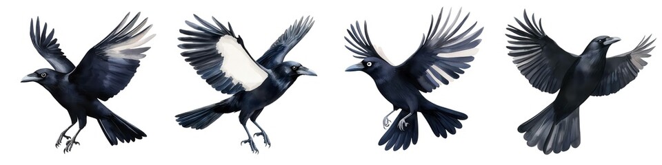 Obraz premium A collection of four flying black crows in various poses, showcasing their elegant wings and dynamic motion in the sky.