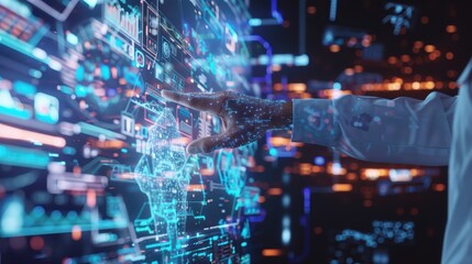 A futuristic touch of technology with a hand reaching towards a glowing digital interface, symbolizing innovation and progress.