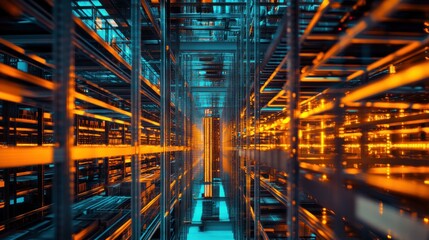 Abstract View of Illuminated Server Racks in a Data Center