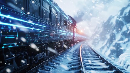 Naklejka premium A futuristic train travels through a snowy landscape, leaving trails of digital light along the railway amidst a winter scene.