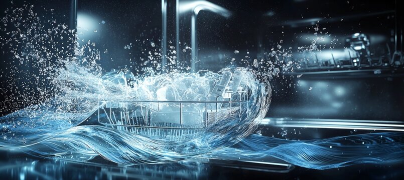 Energy-Efficient Dishwasher Cycle: Artistic Visualization of Water Waves and Light Effects for Eco-Friendly Design - Powered by Adobe