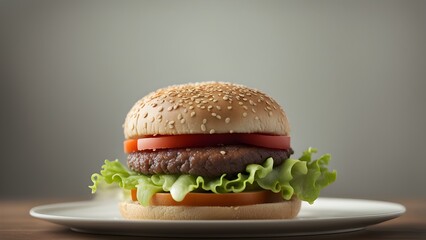 A hamburger with lettuce and tomato on a white plate