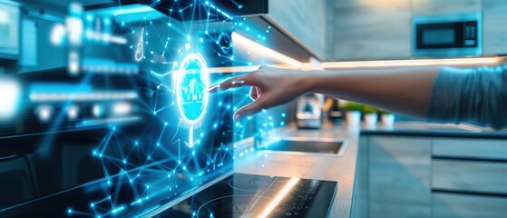 A hand interacting with a smart kitchen display, showcasing innovative technology and digital connections in modern cooking.