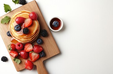 Pancakes with Strawberries and Blueberries on a Wooden Cutting Board