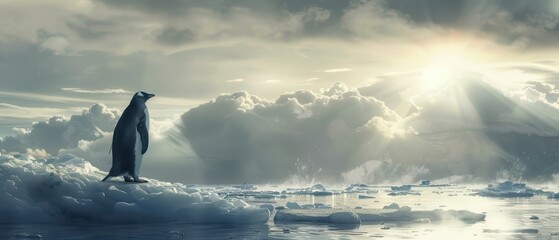 A majestic penguin stands on an ice floe, illuminated by the soft glow of the sun breaking through the clouds.