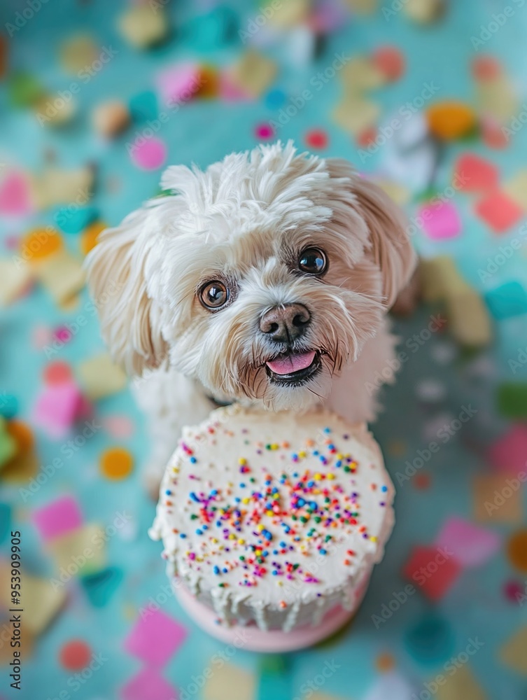 Wall mural small white dog and birthday cake