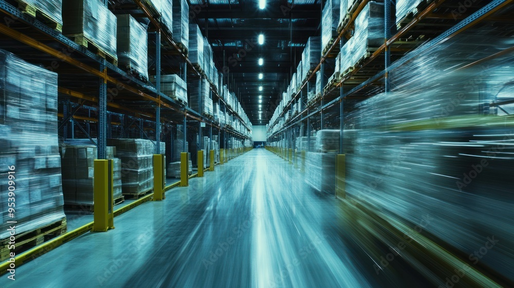 Poster a forklift moving through a warehouse with rows of pallets