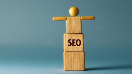 A wooden figure standing on blocks labeled SEO, symbolizing success in search engine optimization and digital marketing strategies.