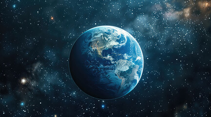 Earth with visible atmospheric glow, detailed surface, starry background, soft lighting. Generative AI.