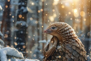 Fototapeta premium A pangolin in a snowy forest, showcasing its unique scales and curious expression, surrounded by a magical winter atmosphere.