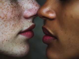 Close-up of two people's faces, showcasing diverse skin tones and textures, highlighting beauty, diversity, and intimate connection.
