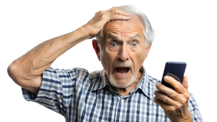 elderly man, nervous, scared and stressed holding a smartphone. scams and difficulties against elderly people, online payments, transactions, AI generated