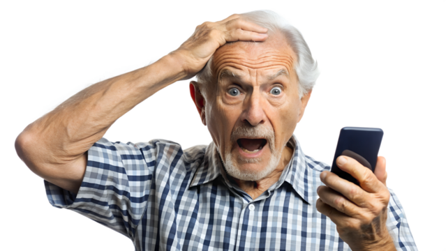 elderly man, nervous, scared and stressed holding a smartphone. scams and difficulties against elderly people, online payments, transactions, AI generated