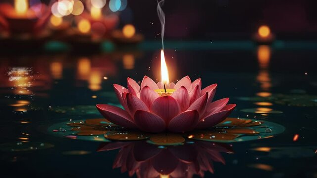 lotus flower on dana with candles in diwali celebration, smooth looping video 4k.