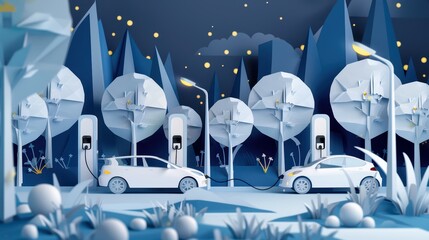 Naklejka premium A serene landscape featuring electric cars charging amidst stylized trees and a starry sky, emphasizing eco-friendly transport.