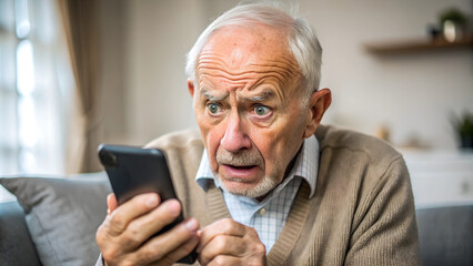 elderly man, nervous, scared and stressed holding a smartphone. scams and difficulties against elderly people, online payments, transactions, AI generated