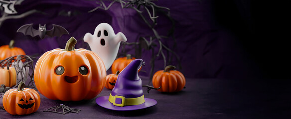 A happy pumpkin with a witch's hat is joined by a friendly ghost and bat in a spooky Halloween scene. Set against a dark, eerie background with other pumpkins and spiderwebs, it captures Halloween fun