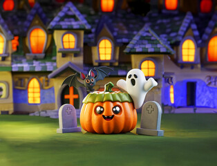 A happy pumpkin with a cute ghost and bat enjoys Halloween night in front of a spooky, glowing haunted house. Two gravestones add a playful touch to the scene, capturing the fun Halloween spirit.