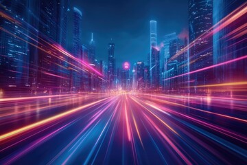Fototapeta premium Neon Cityscape with Blurry Speed Lines