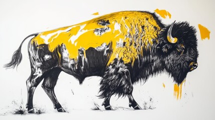 Yellow & Black Abstract Bison Pen Art - Ultra HD 4K Side Profile