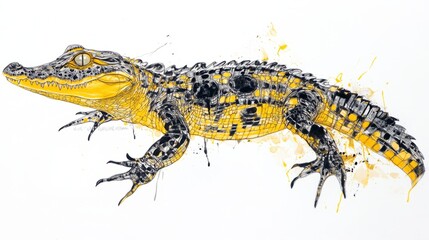 Obraz premium Abstract Crocodile Pen Art: Black & Yellow Full-Body Side Profile in Ultra HD 4K