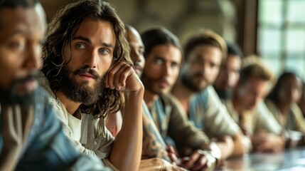 A man with a beard and long hair is sitting at a table with a group of people