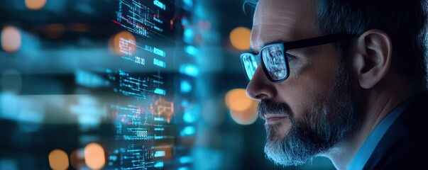 A focused professional analyzing data on a futuristic screen, showcasing technology and business insights in a modern workspace.