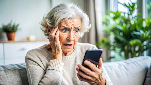 nervous, scared and stressed elderly lady holding a smartphone. scams and difficulties against elderly people, online payments, transactions, AI generated