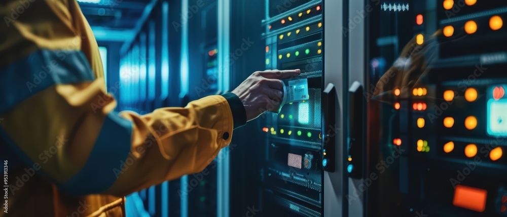 Poster a technician interacts with a high-tech server, adjusting settings and managing data in a modern dat
