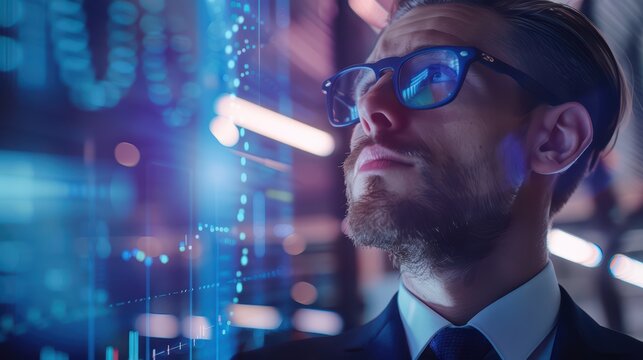 A thoughtful businessman gazes upward, surrounded by digital data visuals and technology elements, symbolizing innovation and growth.