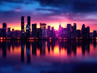 Fototapeta premium Stunning cityscape at sunset, showcasing a vibrant skyline reflected in calm waters, perfect for urban themes and designs.