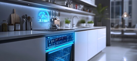 High-Tech Modern Kitchen with Smart Dishwasher Displaying Energy Consumption and Environmental Impact Scores