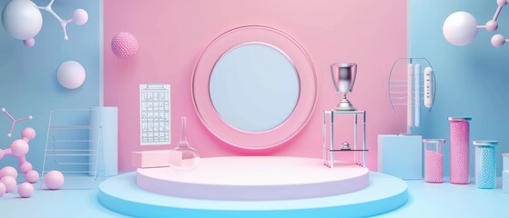 A vibrant, modern laboratory backdrop with pastel colors, featuring scientific tools and a mirror, perfect for creative projects.