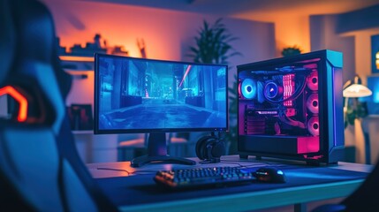 Obraz premium A gaming setup with a person wearing headphones, dual monitors, a backlit keyboard, and a tower PC with internal RGB lighting in a dimly lit room.