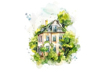 Naklejka premium A vibrant watercolor painting of a charming house surrounded by lush greenery, evoking a serene and peaceful atmosphere.