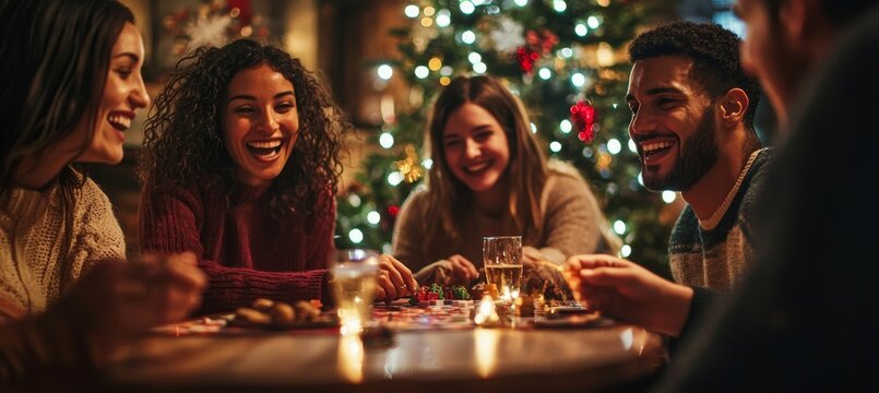 Joyful Friends Playing Board Game at Christmas Gathering Amid Festive Decorations