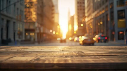 Obraz premium A wooden tabletop in foreground, capturing the warm glow of sunset reflecting off city buildings in the background.