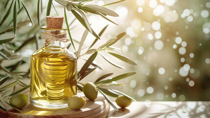 Facial oil product with olive branches. Generative AI.