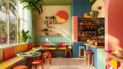A colorful brunch spot with 3D-rendered fresh produce and weekly changing menu