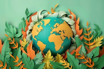 Colorful paper art depicting a globe surrounded by vibrant leaves, symbolizing nature and environmental awareness.