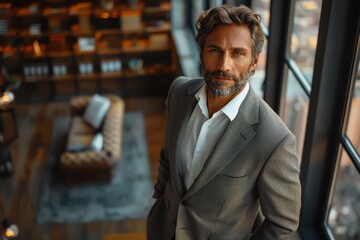 Naklejka premium Confident businessman in a tailored suit, standing in a modern office, large windows with cityscape view