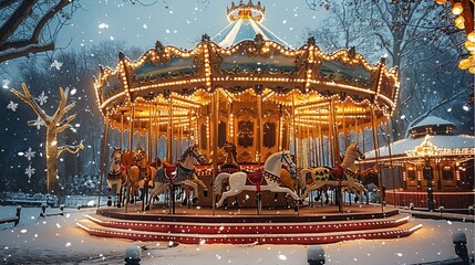 Christmas-themed background with an ornate carousel, horses, and snow. Generative AI.