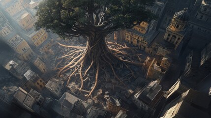 Fototapeta premium Ancient Tree Roots Embrace City: Stunning Aerial View of Urban Harmony