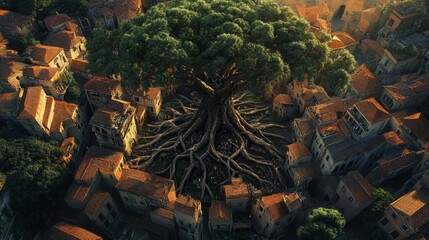 Fototapeta premium Skyline Symphony: City Built Around Ancient Tree's Intertwined Roots